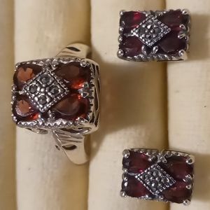 KC Beautiful Art Nouveau Style Garnet ring with matching earings. size 7 1/2 -8